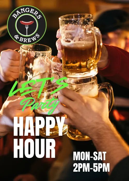 Happy Hour Ad with People clinking beer mugs at a bar, logo in the corner.